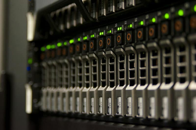 A server rack with status lights